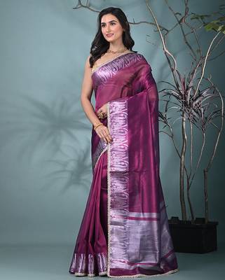 purple tissue saree with intricate silver zari border 2