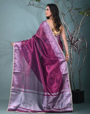purple tissue saree with intricate silver zari border 3