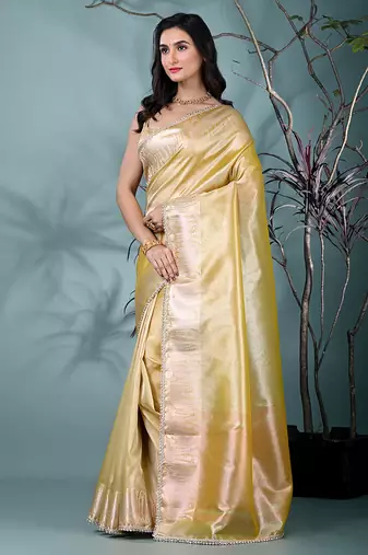 yellow tissue saree with intricate silver zari border