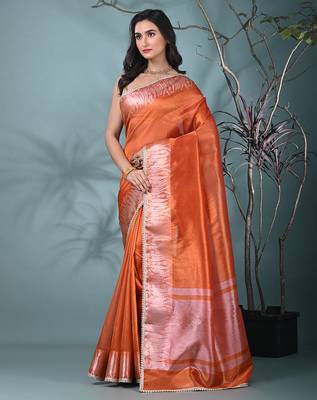orange tissue saree with intricate silver zari border 2