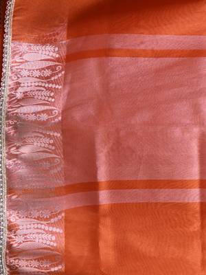 orange tissue saree with intricate silver zari border 4