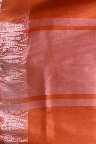 orange tissue saree with intricate silver zari border