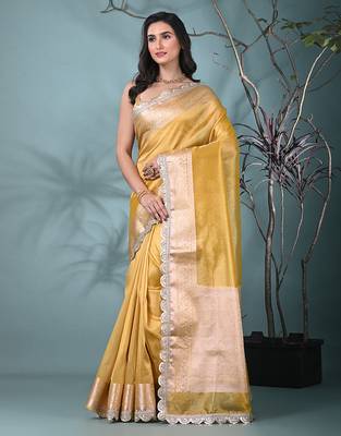yellow tissue saree with gotapatti detailing and elegant border 2