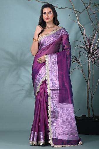 purple tissue saree with gotapatti detailing and elegant border