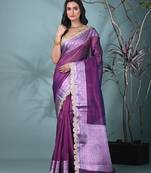 purple tissue saree with gotapatti detailing and elegant border
