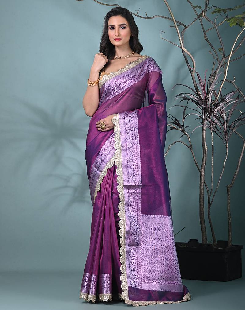purple tissue saree with gotapatti detailing and elegant border