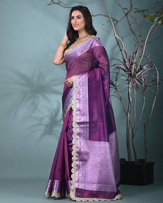 purple tissue saree with gotapatti detailing and elegant border 2