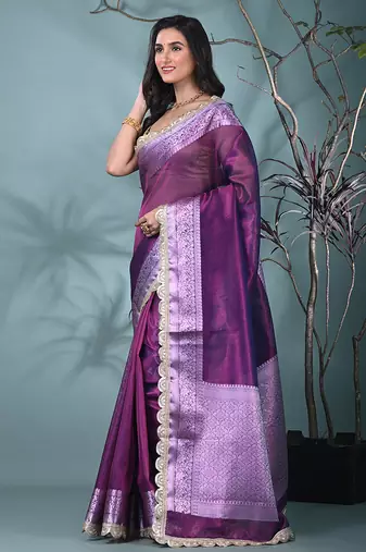 purple tissue saree with gotapatti detailing and elegant border