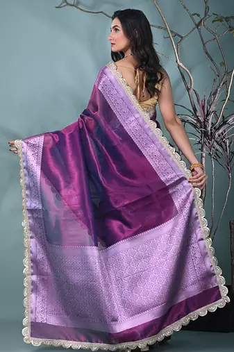 purple tissue saree with gotapatti detailing and elegant border