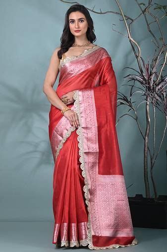 red tissue saree with gotapatti detailing and elegant border
