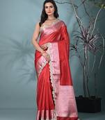 red tissue saree with gotapatti detailing and elegant border