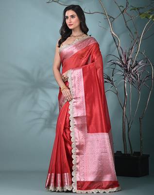 red tissue saree with gotapatti detailing and elegant border 2
