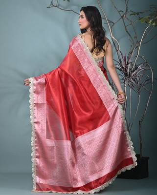red tissue saree with gotapatti detailing and elegant border 3