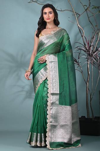 green tissue saree with gotapatti detailing and elegant border