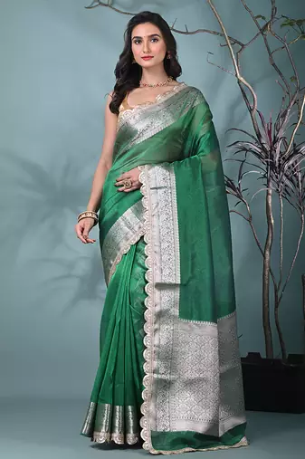 green tissue saree with gotapatti detailing and elegant border