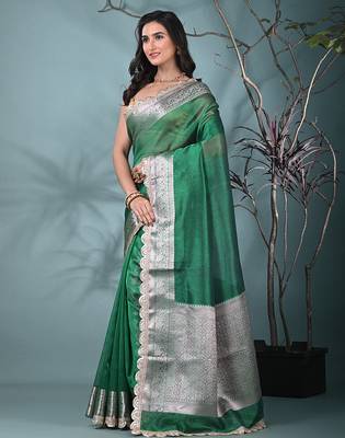 green tissue saree with gotapatti detailing and elegant border 2
