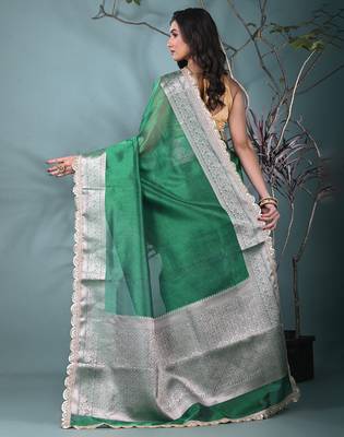 green tissue saree with gotapatti detailing and elegant border 3