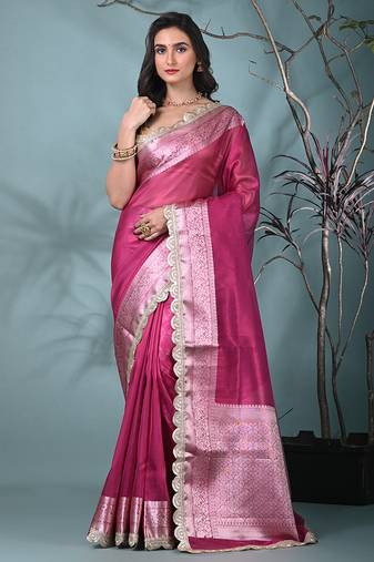 magenta tissue saree with gotapatti detailing and elegant border