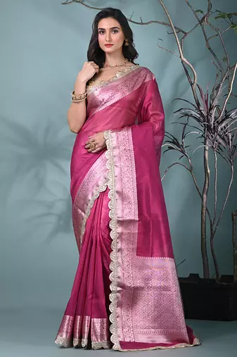 magenta tissue saree with gotapatti detailing and elegant border