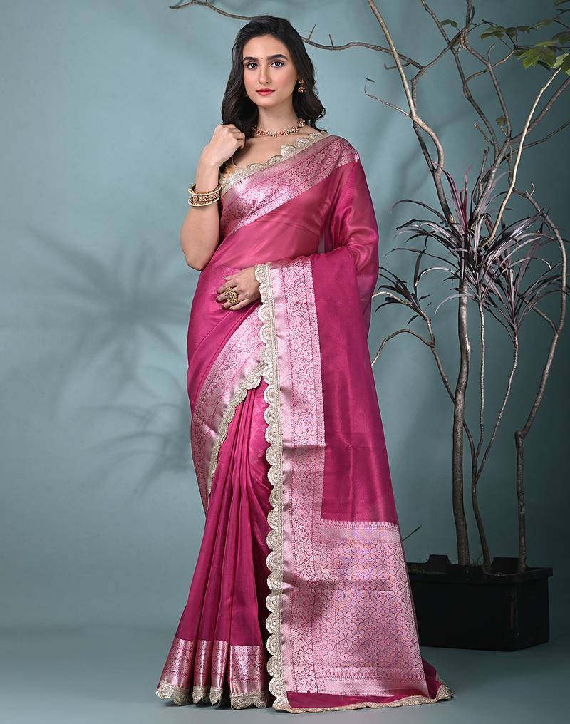 magenta tissue saree with gotapatti detailing and elegant border