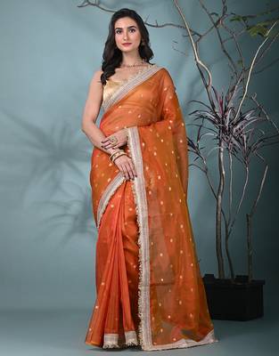 orange tissue saree with gotapatti detailing 1