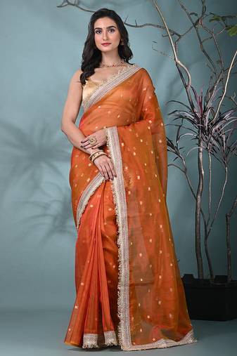 orange tissue saree with gotapatti detailing