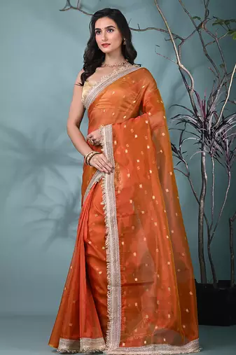 orange tissue saree with gotapatti detailing
