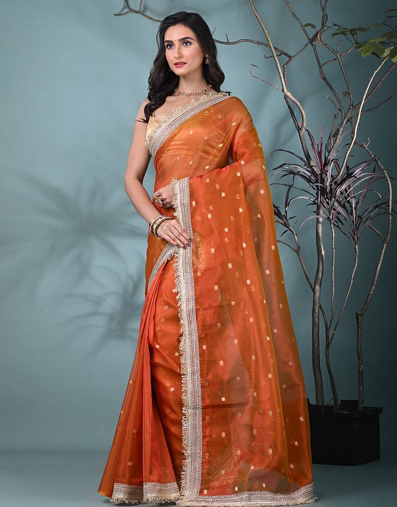 orange tissue saree with gotapatti detailing