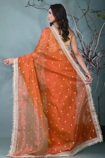 orange tissue saree with gotapatti detailing