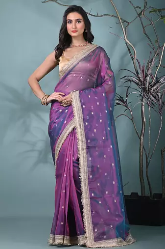 purple tissue saree with gotapatti detailing
