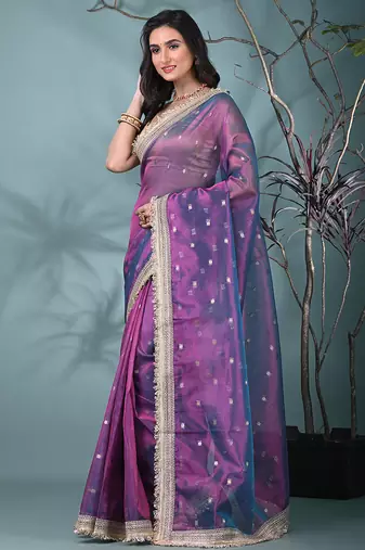 purple tissue saree with gotapatti detailing