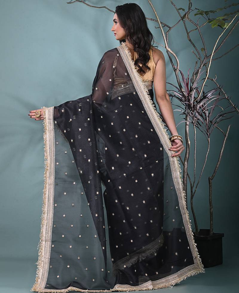 black tissue saree with gotapatti detailing