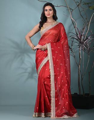 red tissue saree with gotapatti detailing 1