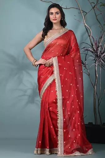 red tissue saree with gotapatti detailing