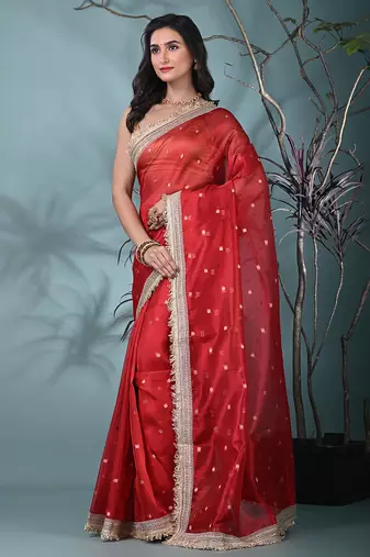 red tissue saree with gotapatti detailing
