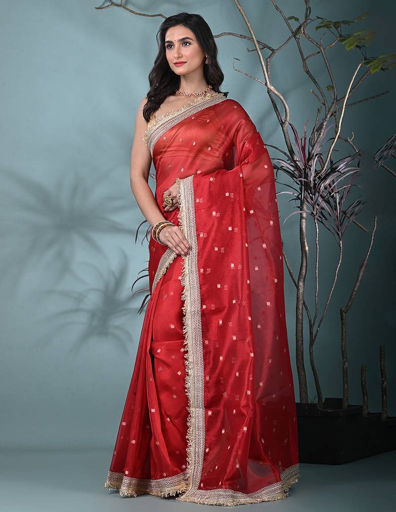 red tissue saree with gotapatti detailing