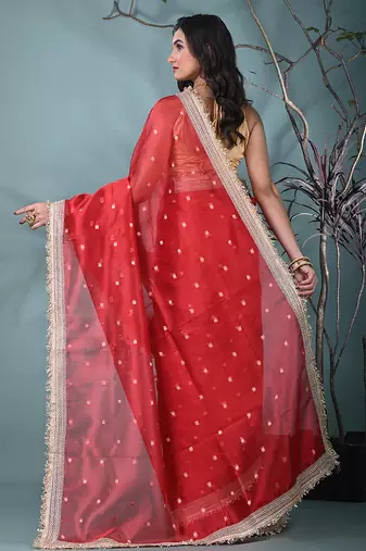 red tissue saree with gotapatti detailing