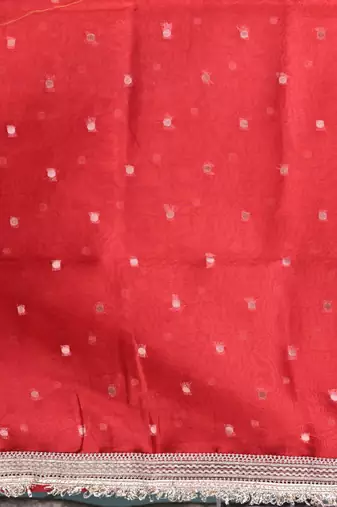 red tissue saree with gotapatti detailing