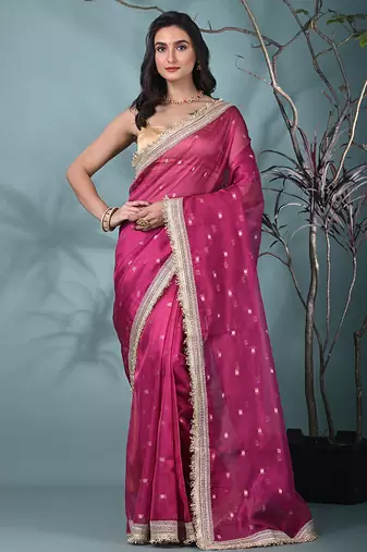 pink tissue saree with gotapatti detailing