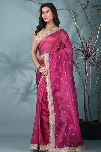 pink tissue saree with gotapatti detailing
