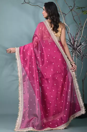 pink tissue saree with gotapatti detailing