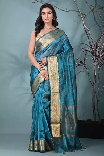 sapphire blue tissue saree with stone detailing