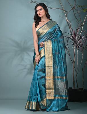sapphire blue tissue saree with stone detailing 2