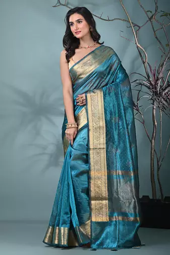 sapphire blue tissue saree with stone detailing