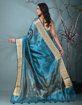 sapphire blue tissue saree with stone detailing 3