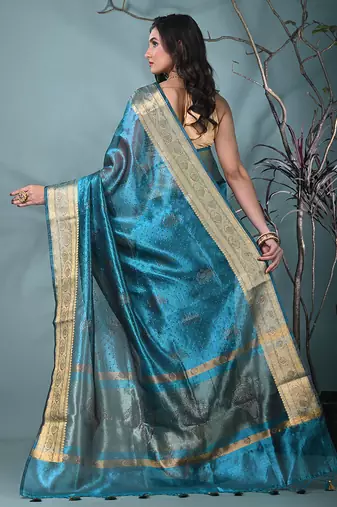 sapphire blue tissue saree with stone detailing