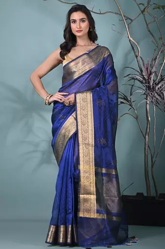 blue tissue saree with stone detailing