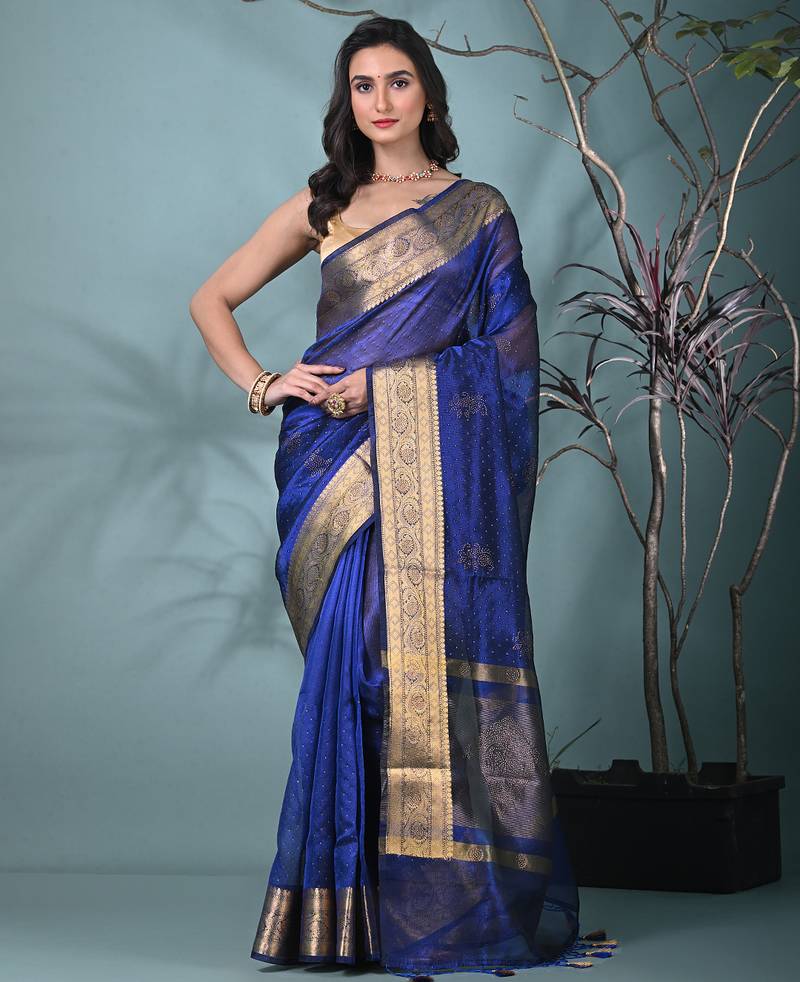 blue tissue saree with stone detailing
