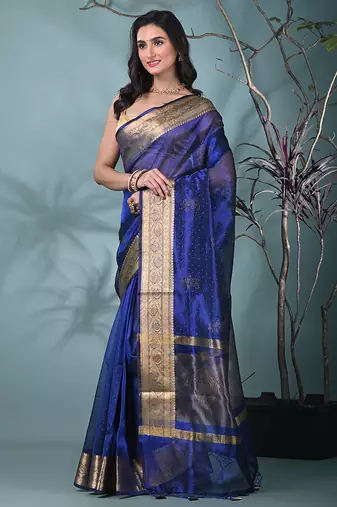 blue tissue saree with stone detailing