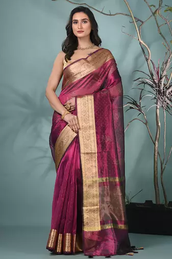 magenta tissue saree with stone detailing